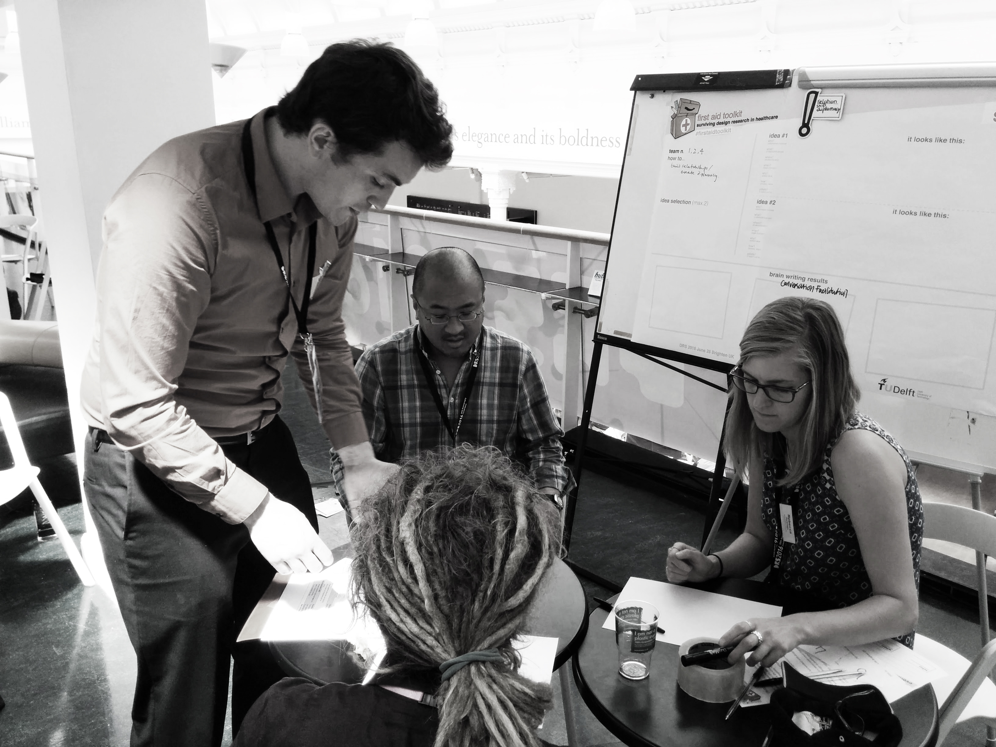 When the timeline was filled out, participants split in groups of three to formulate how-to questions related to the main themes ‘relationship diplomacy’ (shown here) or ‘care and reflexivity’. 